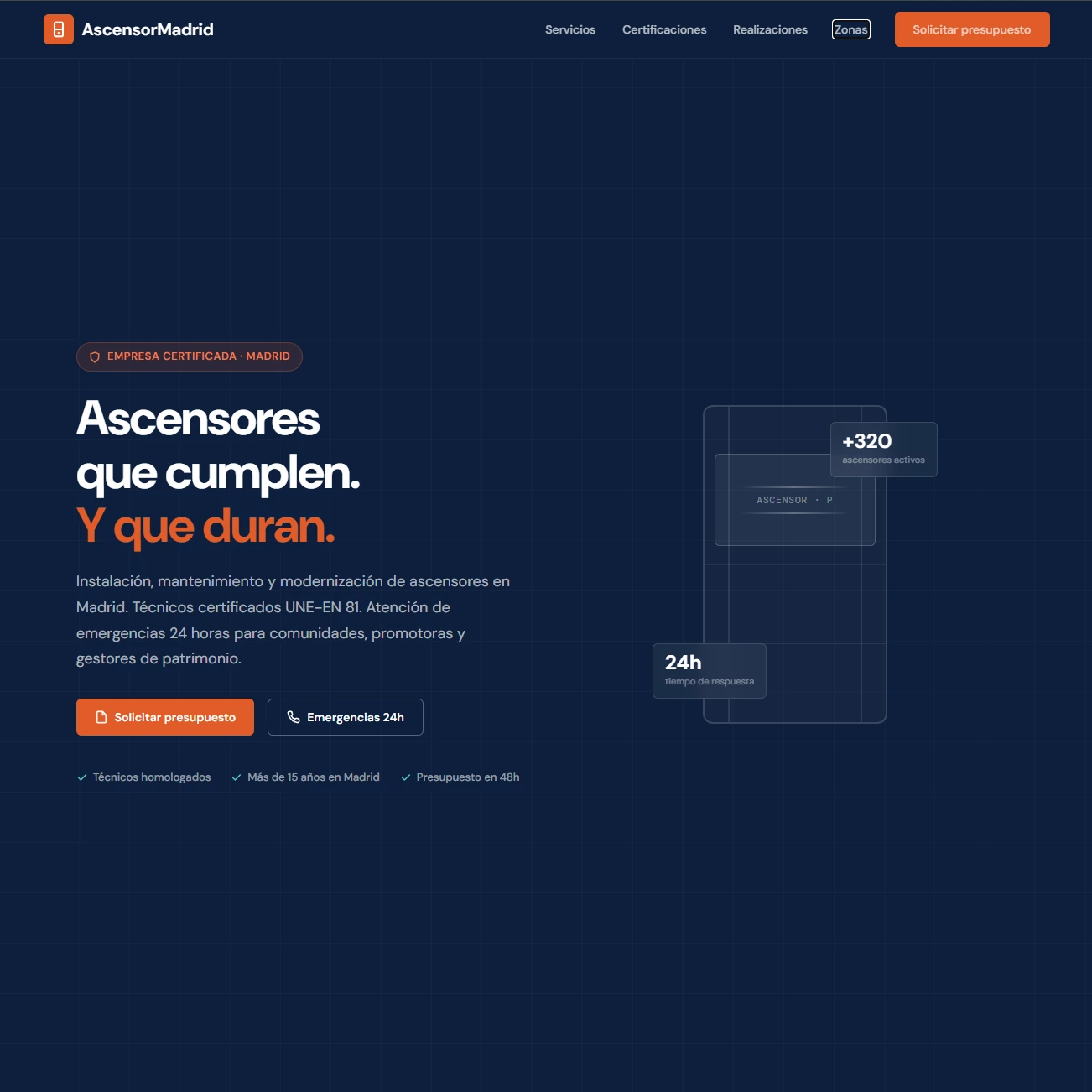 Página de inicio generada con IA para un técnico de ascensores en Madrid — visualmente sólida, 19 no conformidades detectadas en auditoría