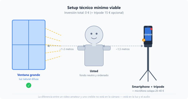 Diagrama del setup técnico mínimo para grabar vídeo profesional con smartphone: ventana, sujeto y trípode